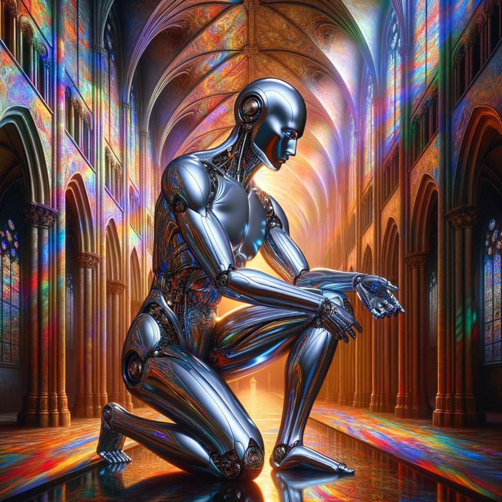 robot contemplating divinity